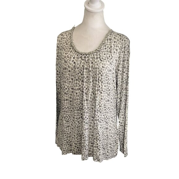 Charter Club XL Beaded Neck Leopard Print Top Womens Long Sleeve Blouse - Picture 1 of 6